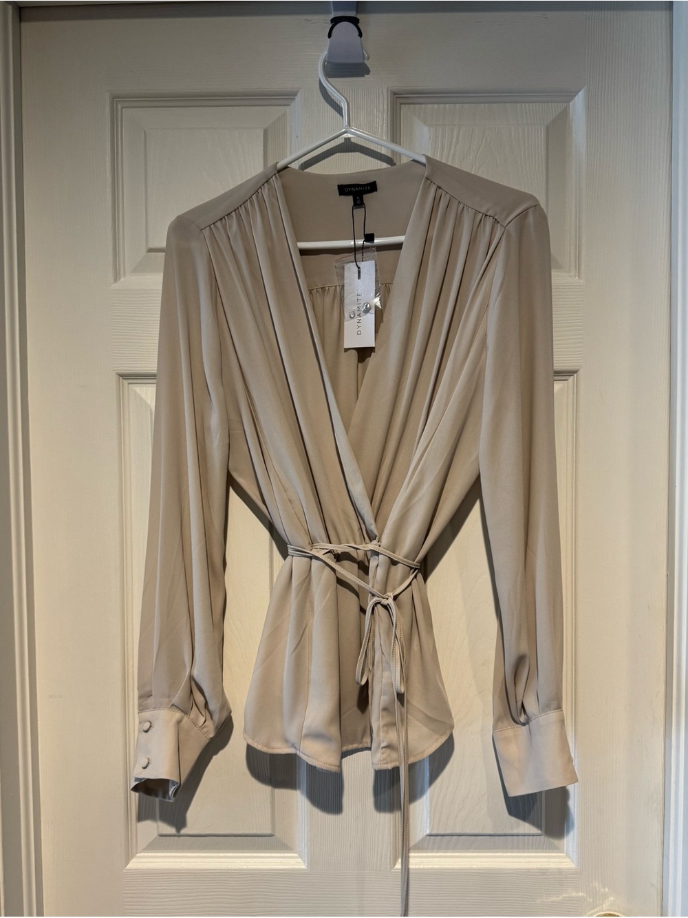 Dynamite Beige Wrap Blouse with Tie Waist